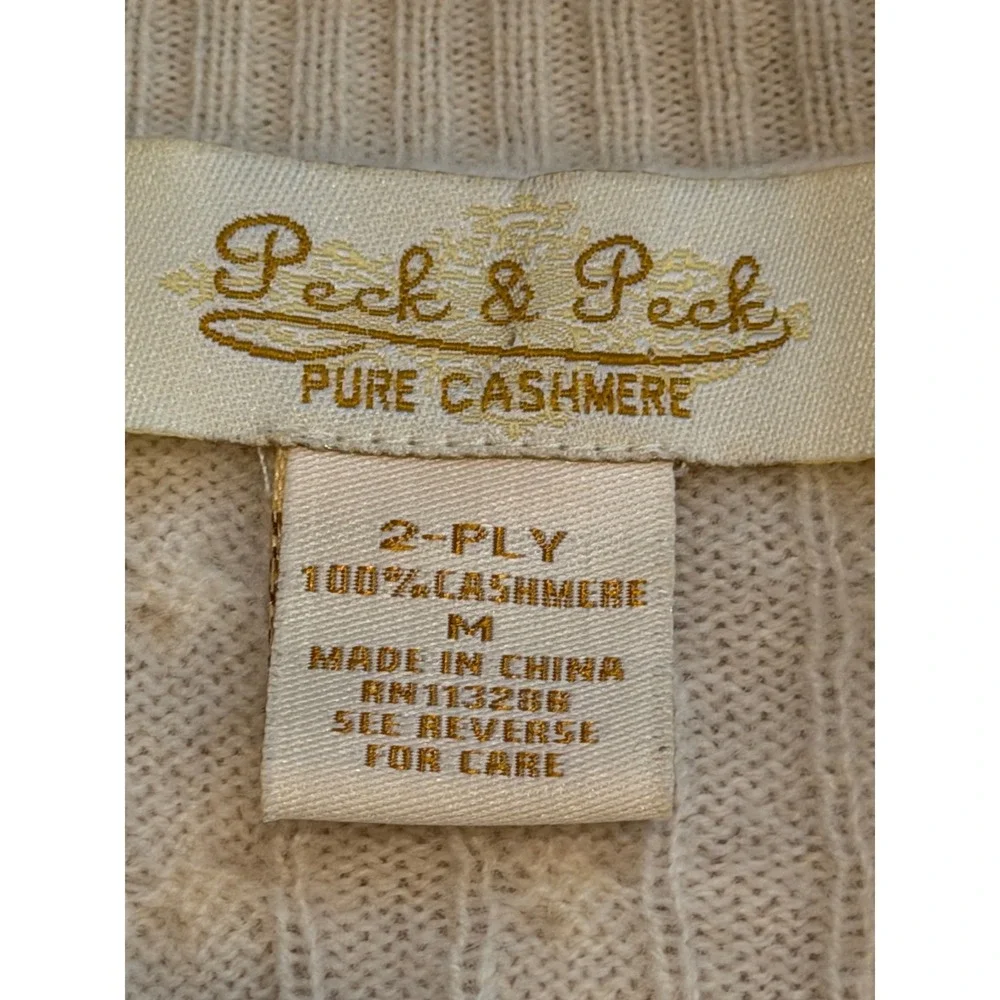 Peck & Peck Pure Cashmere Cable Knit Cardigan Cream Ivory V-Neck Sweater Medium